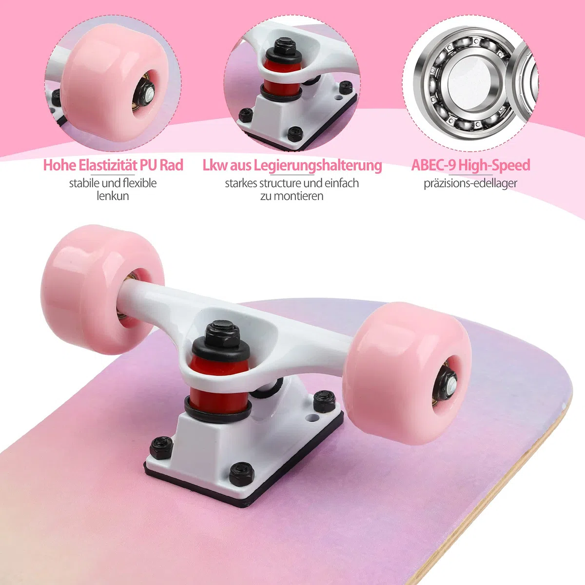 Skateboard für Jugendliche, Mädchen, Kinder, Erwachsene, Anfänger, 7 Schichten aus Ahornholz, Tablett, 80 x 20 cm, Tasche, Skateboard, Regenbogenpulver