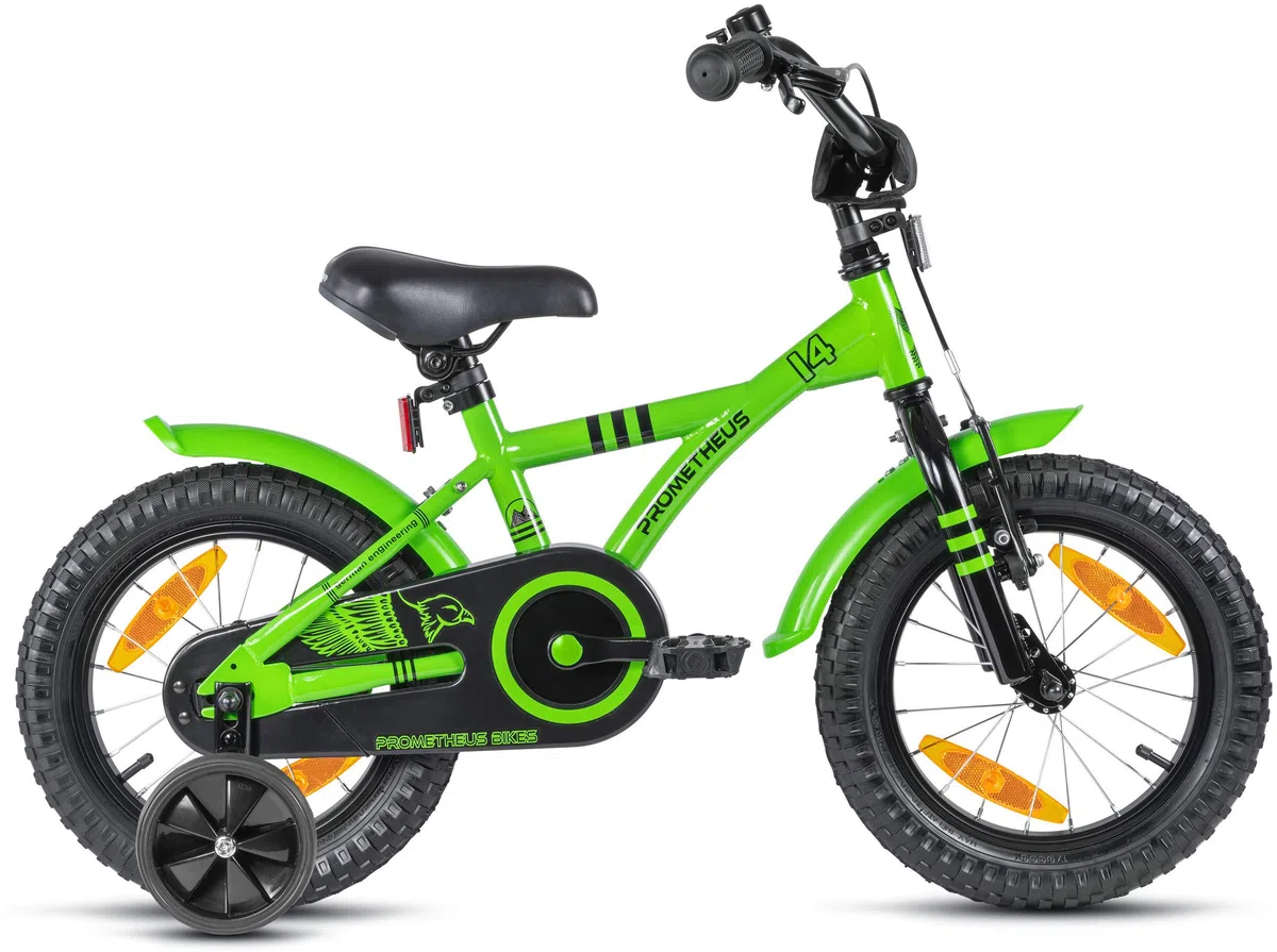 PROMETHEUS BICYCLES Kinderfahrrad 14 Zoll ab 4 Jahren - Kinder Fahrrad Mädchen Jungen Fahrrad Kinder mit Stützräder Rücktrittbremse in Grün