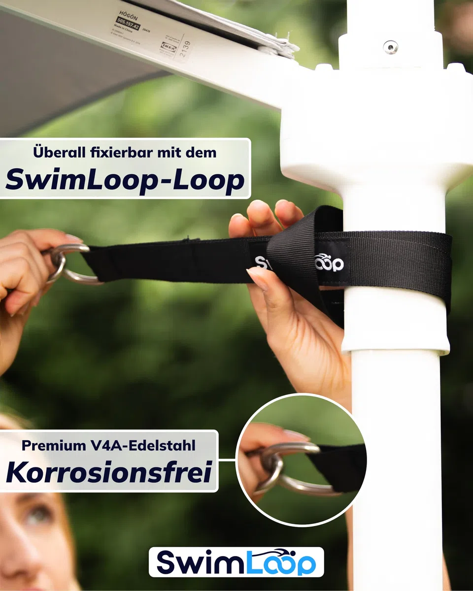 Premium Schwimmgurt Schwimmtrainer mit 2 x 2 Meter elastischen Gummibändern - Zugseil - Schwimmseil für Pool wie Gegenstromanlage zum Einhängen - Bauchgurt mit Schwimmband Widerstandstraining