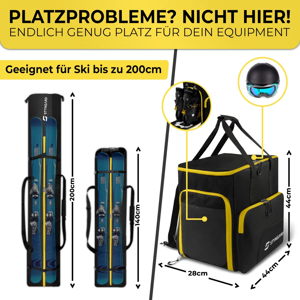 STYNGARD Skitasche Set 4-teilig (140cm-200cm) Skisack und Skischuhtasche mit Helmfach, Helmtasche, Bürste - Rolltop Skitasche und Skischuhtasche mit Lüftungsgitter Modell Salzburg
