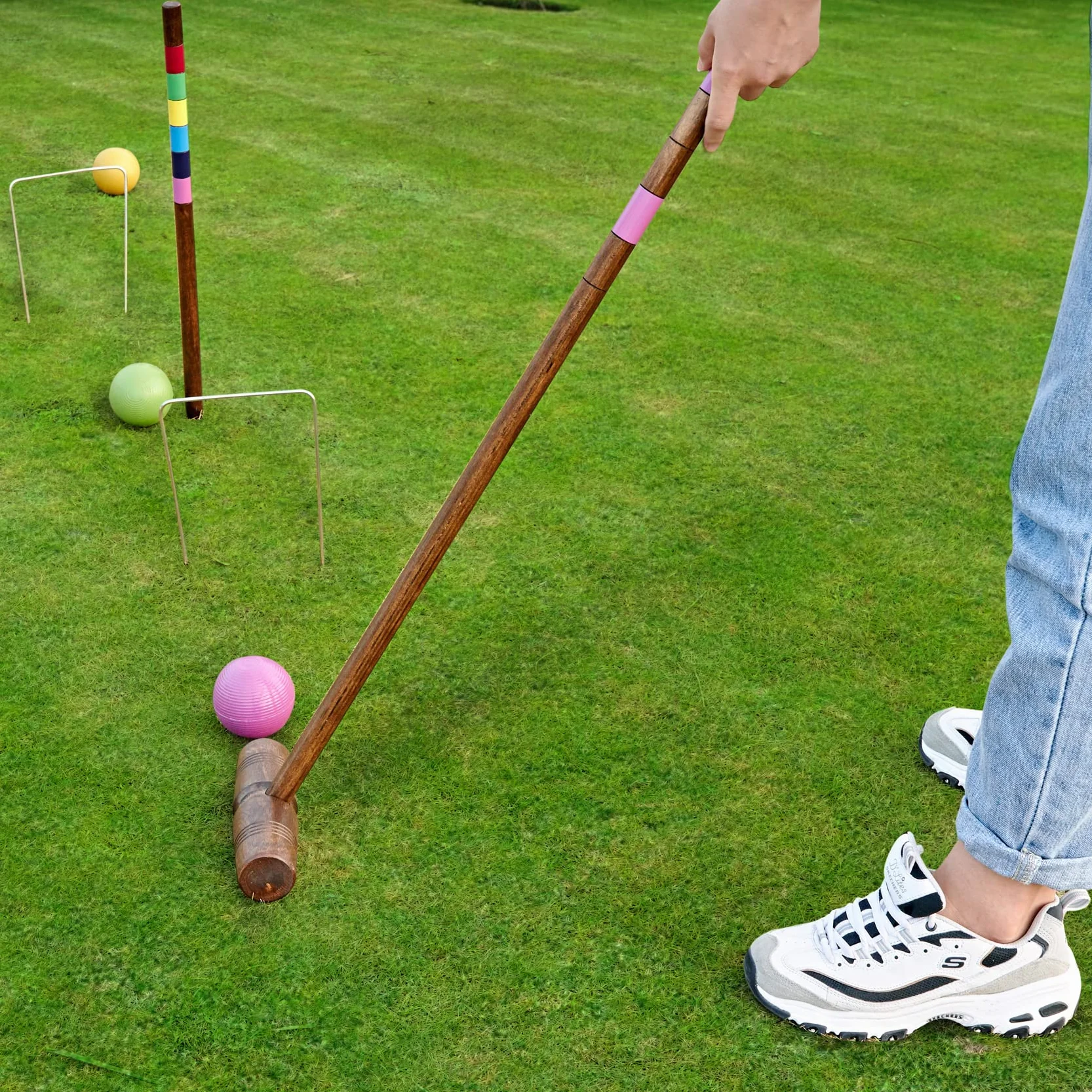 Krocket-Set für 6 Spieler, 81,3 cm, Vintage-Stil, Krocket-Set mit Holzschlägeln/farbigem Ball/Wickets/Heringen für Erwachsene/Jugendliche/Familie, perfekt für Rasen/Hinterhof-Spiel/Park