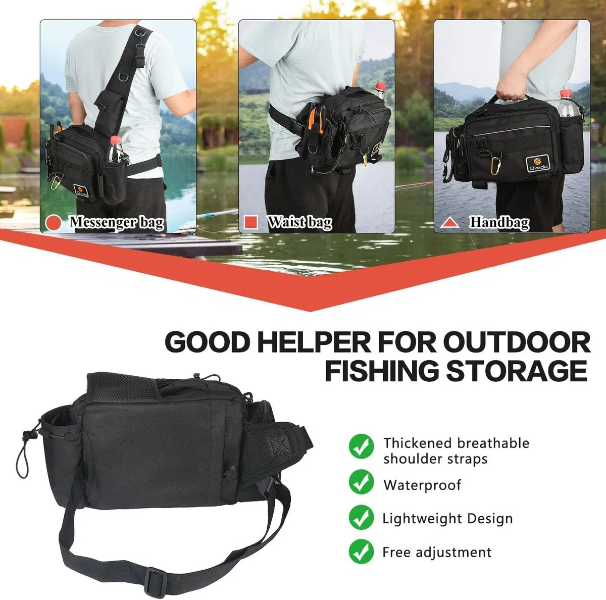 drado Angeltasche Sling Angeltasche, Wasserdicht und verschleißfest Angelrucksack für Angelzubehör(schwarz)