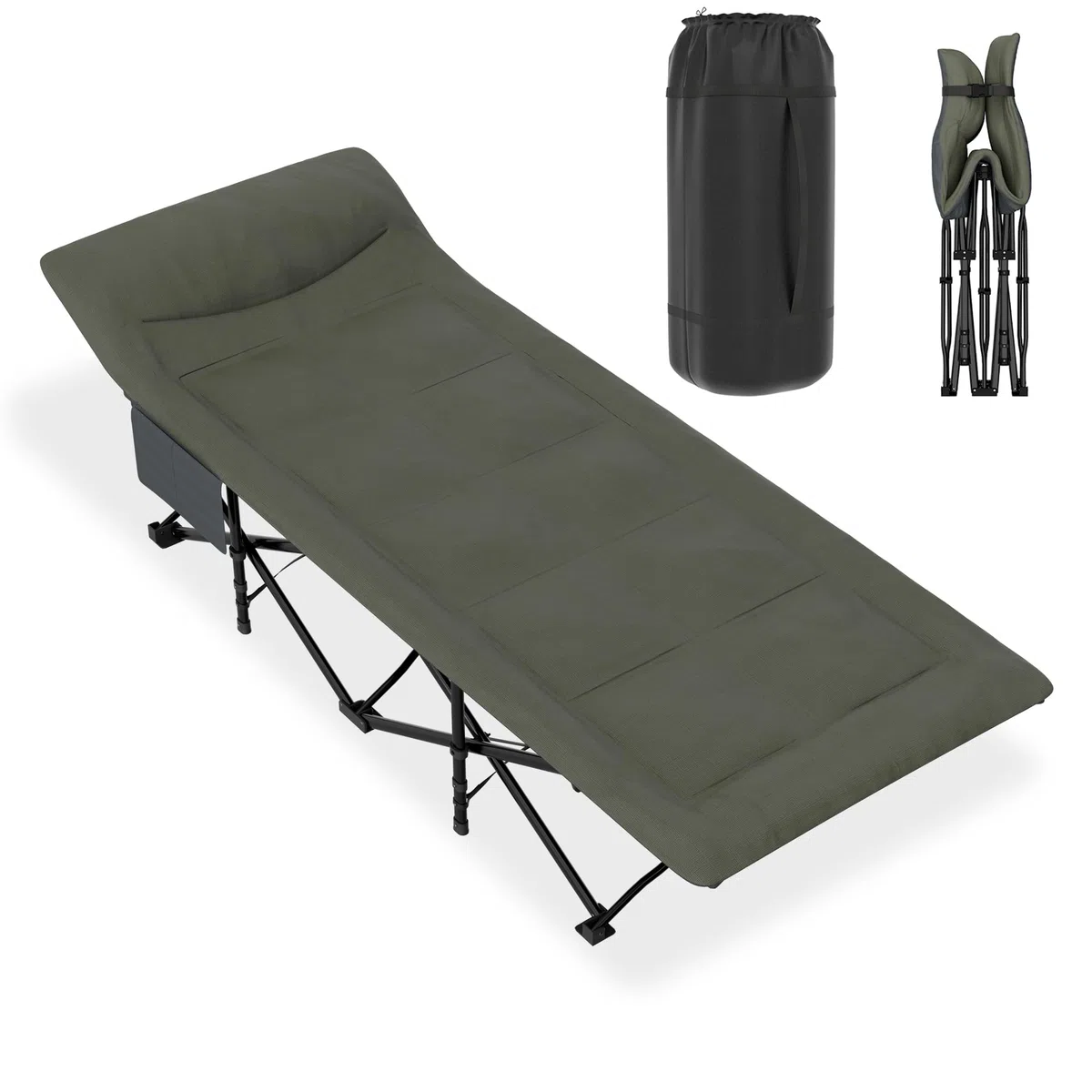 FIVMEN Feldbett Klappbar 185x75 cm Klappbett Campingbett mit Matratze, Kissen und Seitentasche Gästebett Karpfenliege Campingliege bis 250kg Belastbar für Outdoor Camping Garten